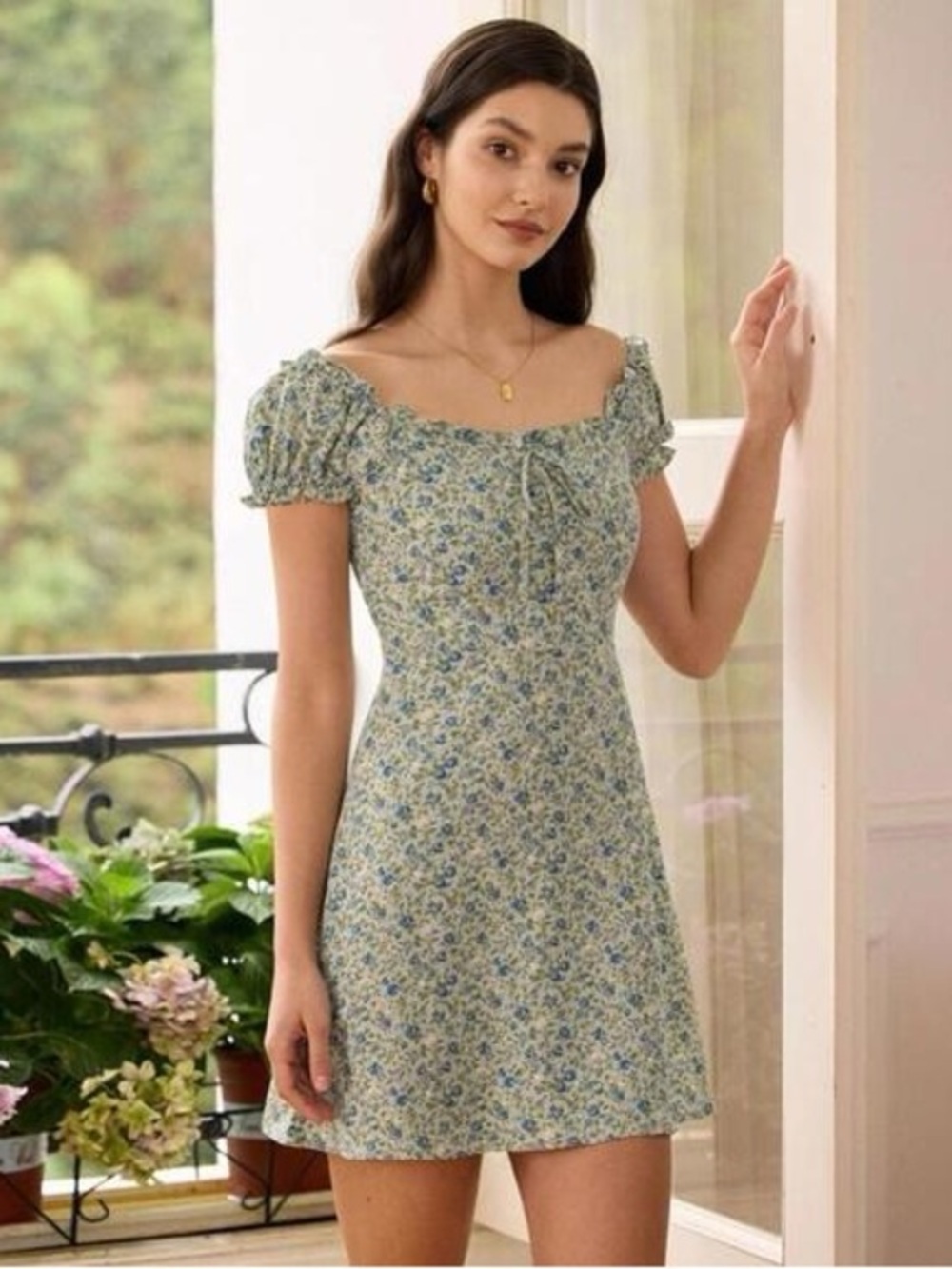 Rihoas The Ruffle Edge Green Blue Floral Mini Dress XL